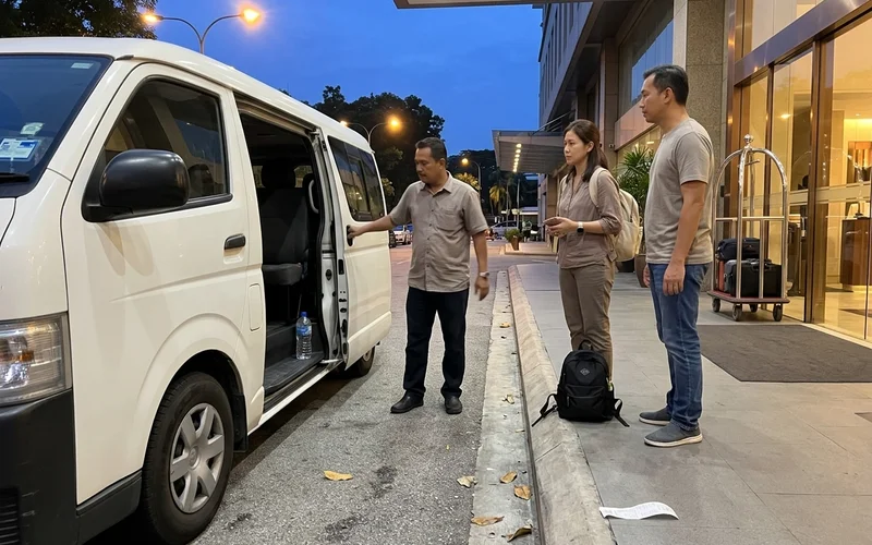 An air-conditioned tour van picking up guests outside a KL hotel at dusk