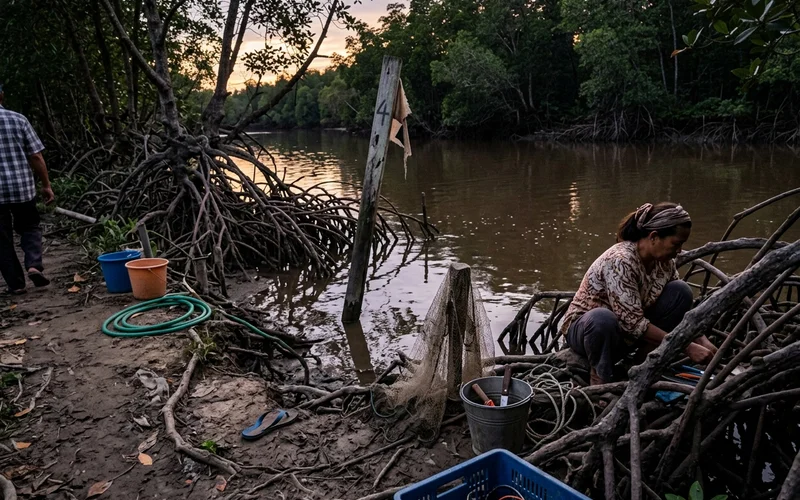 Berembang mangrove trees lining the quiet river bank at twilight