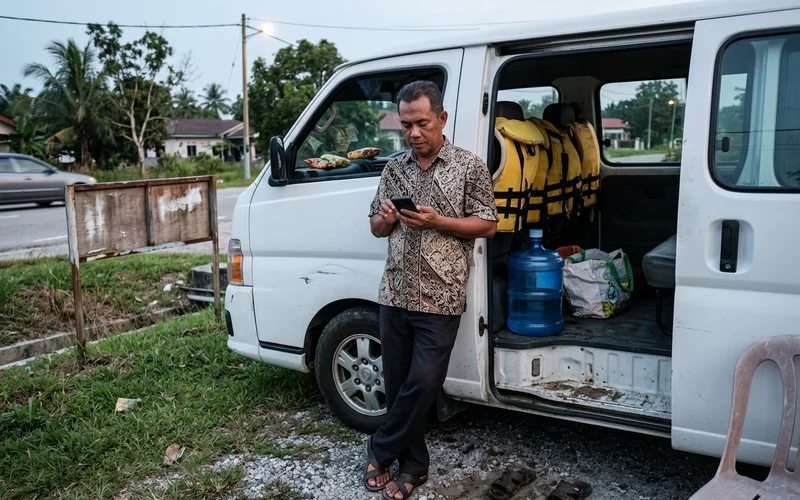 A guide checking the moon phase on a phone beside the tour van at dusk