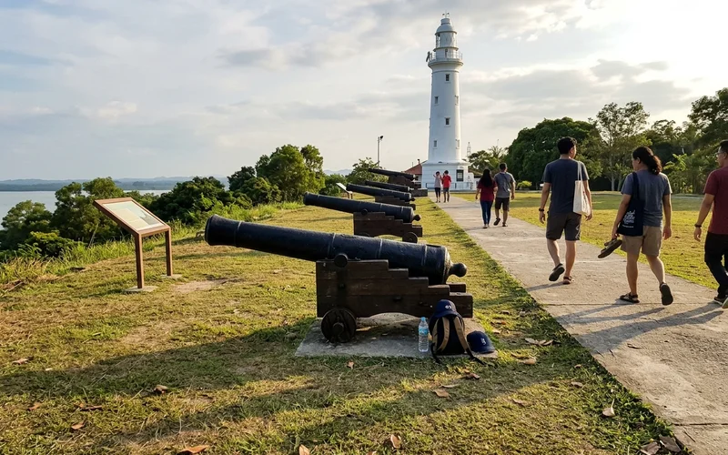 Old cannons and the white lighthouse on the green hill at Fort Altingsburg
