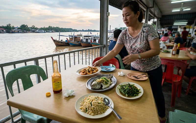 A seafood dinner being served at a riverside table at Pasir Penambang at dusk