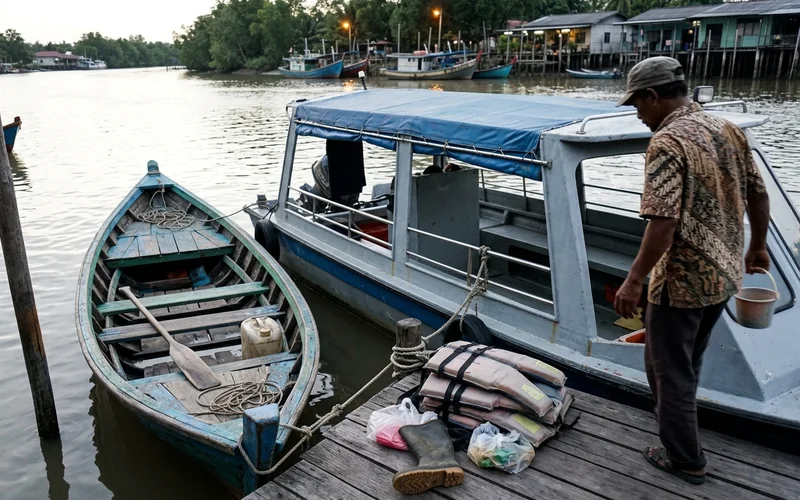 A wooden sampan and a covered electric boat side by side at a Kuala Selangor jetty