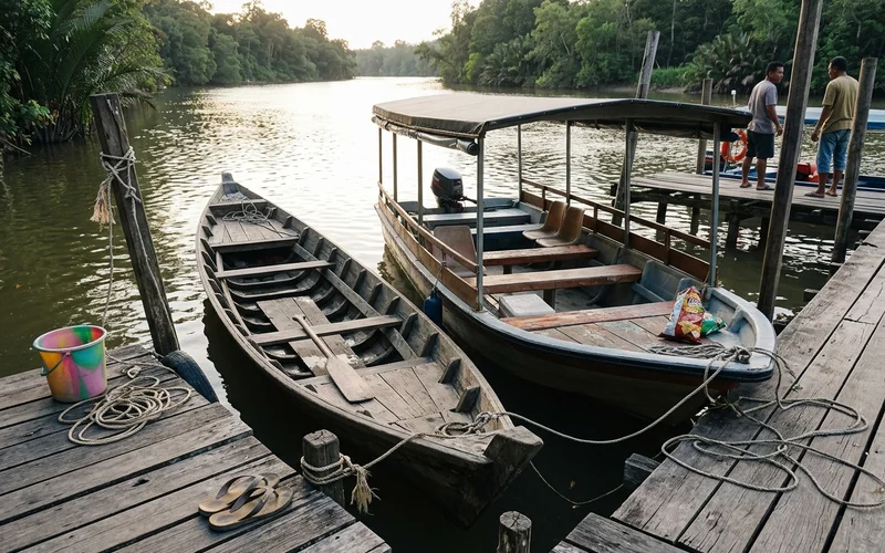 A non-motorised sampan and a covered electric boat side by side at the jetty