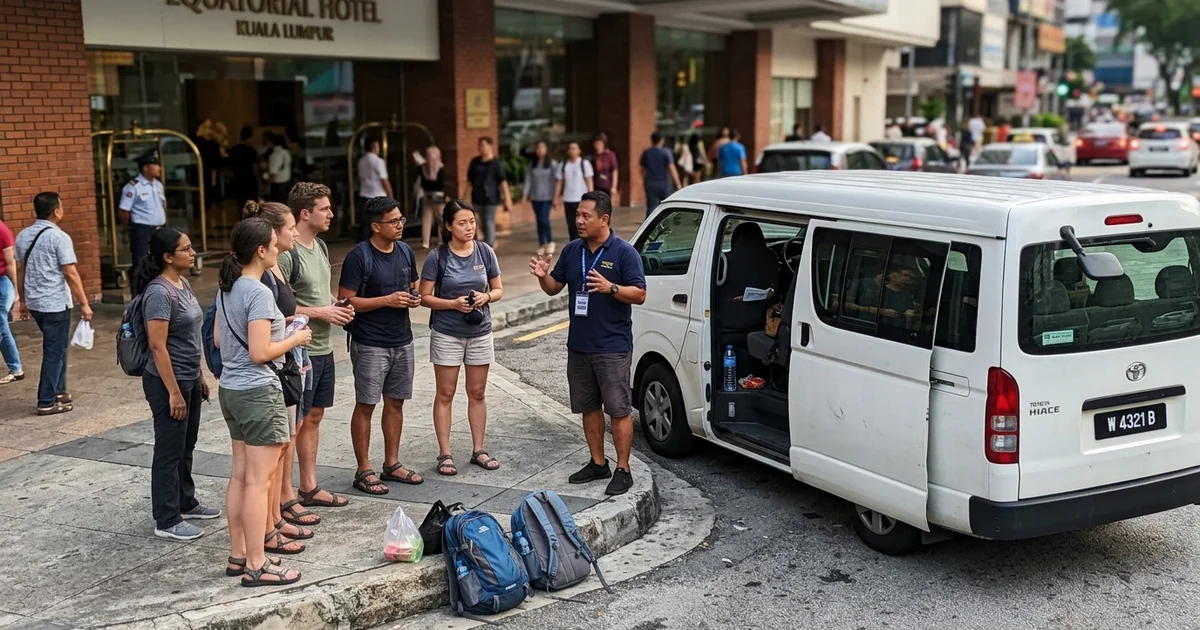 A guide briefing a small group beside the tour van outside a KL hotel in the late afternoon