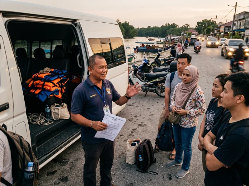 A licensed driver-guide briefing a small group beside the van at dusk