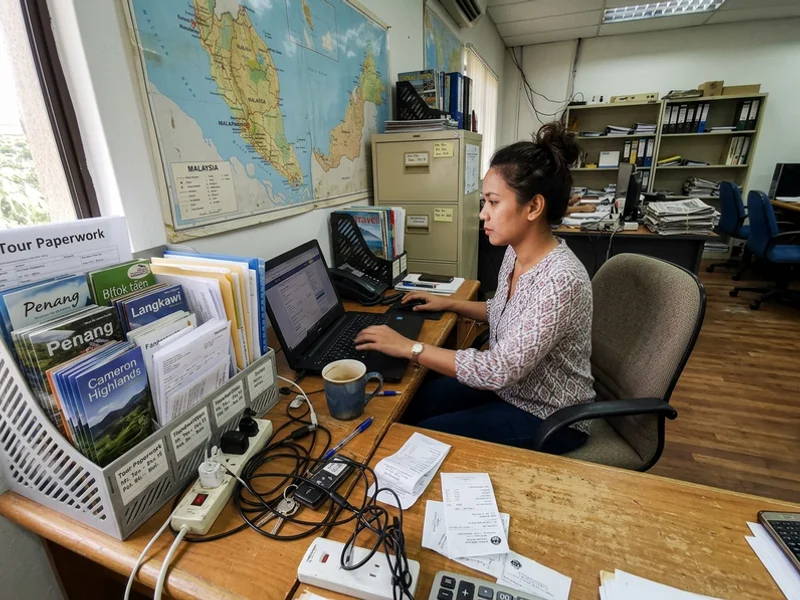 The travel agency office desk in Cheras with tour paperwork and a wall map