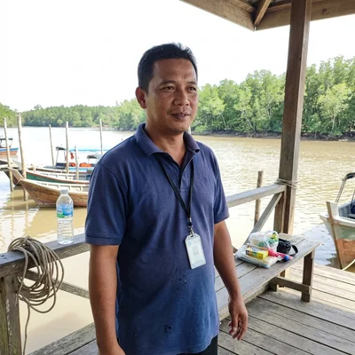 Gana, Tour Operations Lead, beside a riverside jetty in Kuala Selangor